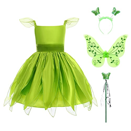 Tinkerbell Kostüm Kinder Mädchen Fee Feenkostüm Elfenkostüm Märchenkostüm Elfe Waldfee Kleid Schmetterling Flügel Stirnband Zauberstab Set Halloween Cosplay Karneval Fasching Mottoparty Grün 9-10J von FYMNSI