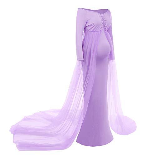 Umstandskleid Schwangere Fotoshooting Kleid Schwangerschaftskleid Fotografie Stützen Mutterschaft Schulterfreies Langarm Tüll Langes Abendkleid Damen Hochzeit Fotoshooting Umstandsmode Violett XL von FYMNSI