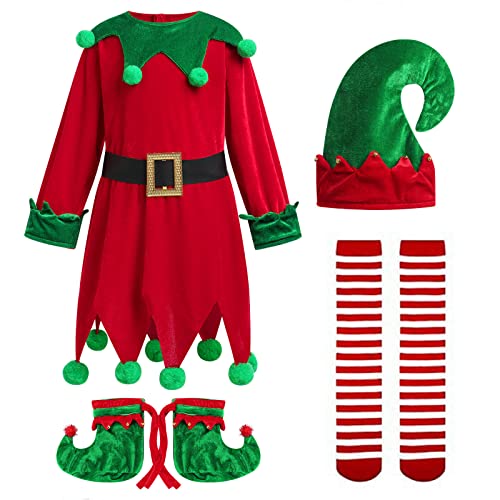 Weihnachtself Kost?m Set, Weihnachtskost?m Kinder M?dchen Jungen, Elfen Kost?m Weihnachts Outfits f?r Karneval Weihnachten Cosplay Party Elfenkleidung Weihnachtswichtel Verkleidung Rot + Gr?n 5-6J von FYMNSI