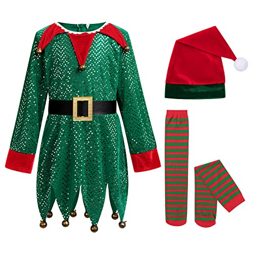 Weihnachtself Kost?m Set, Weihnachtskost?m Kinder M?dchen Jungen, Elfen Kost?m mit Hat Socken, Weihnachts Outfits Elfen Kost?m f?r Karneval Weihnachten Cosplay Party Elfenkleidung Gr?n 6-7 Jahre von FYMNSI