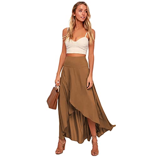 Wickelrock Damen Lang Rock mit Schlitz Midirock Asymmetrische Hohe Taille Sommerrock Leicht Wickel Maxiröcke Einfarbig Urlaub Boho Strandrock Elegant Freizeitrock Retro Swing Rock Casual Braun L von FYMNSI