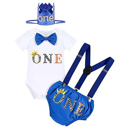 Wild One Baby Jungen 1. Geburtstag Party Outfit Baumwolle Kurzarm Strampler Body Shorts Kurzes Hose Y-Form Hosenträger König Krone Stirnband Bekleidungsset Fotoshooting Kostüme Königsblau 6-12 Monate von FYMNSI