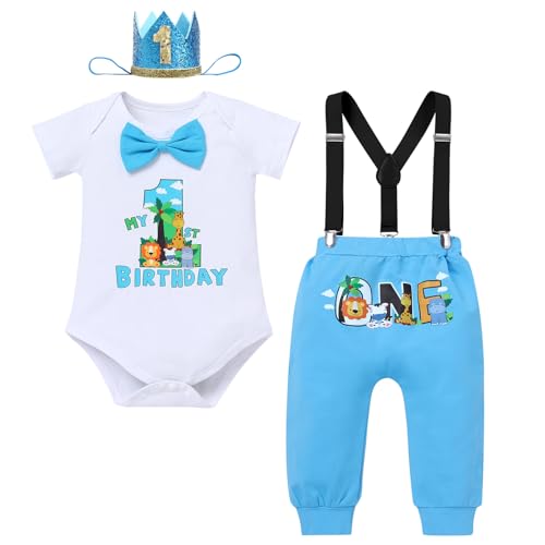 Wild One Baby Jungen Erster 1. Geburtstag Outfit, Ein Jahr Alt Party Kost�me Baumwolle Kurzarm Body Strampler Hosen Hosentr�ger Krone Stirnband 4tlg Fotoshooting Herbset Bekleidungsset Blau 6-12M von FYMNSI