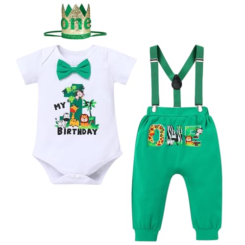 Wild One Baby Jungen Erster 1. Geburtstag Outfit, Ein Jahr Alt Party Kostüme Baumwolle Kurzarm Body Strampler Hosen Hosenträger Krone Stirnband 4tlg Fotoshooting Herbset Bekleidungsset Grün 12-18M von FYMNSI