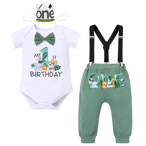 Wild One Baby Jungen Erster 1. Geburtstag Outfit, Ein Jahr Alt Party Kostüme Baumwolle Kurzarm Body Strampler Hosen Hosenträger Krone Stirnband Fotoshooting Herbset Bekleidungsset Erbsengrün 12-18M von FYMNSI