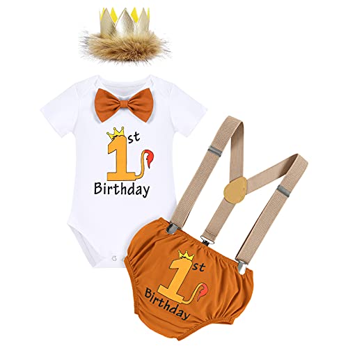 Wild One Baby Jungen Löwe Kostüme 1. Geburtstag Party Outfit Baumwolle Kurzarm Strampler Body Shorts Kurzes Hose Y-Form Hosenträger König Krone Stirnband Bekleidungsset Fotoshooting Braun 12-18 Monate von FYMNSI