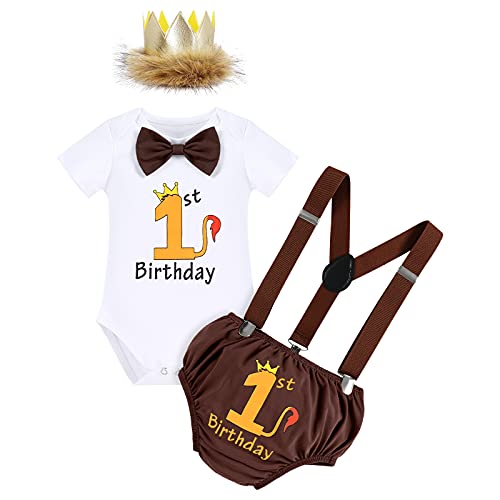 Wild One Baby Jungen Löwe Kostüme 1. Geburtstag Party Outfit Baumwolle Kurzarm Strampler Body Shorts Kurzes Hose Y-Form Hosenträger König Krone Stirnband Bekleidungsset Fotoshooting Kaffe 6-12 Monate von FYMNSI