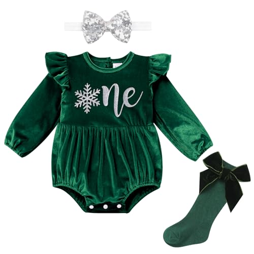 Winter Onederland 1. Geburtstag Outfit Baby M?dchen Neugeborenes Samt Body Langarm Velvet Strampler Stirnband Socken Set Prinzessin Bodysuit Herbst Winter Kleidung Weihnachten Fotoshooting Gr?n 6-12M von FYMNSI