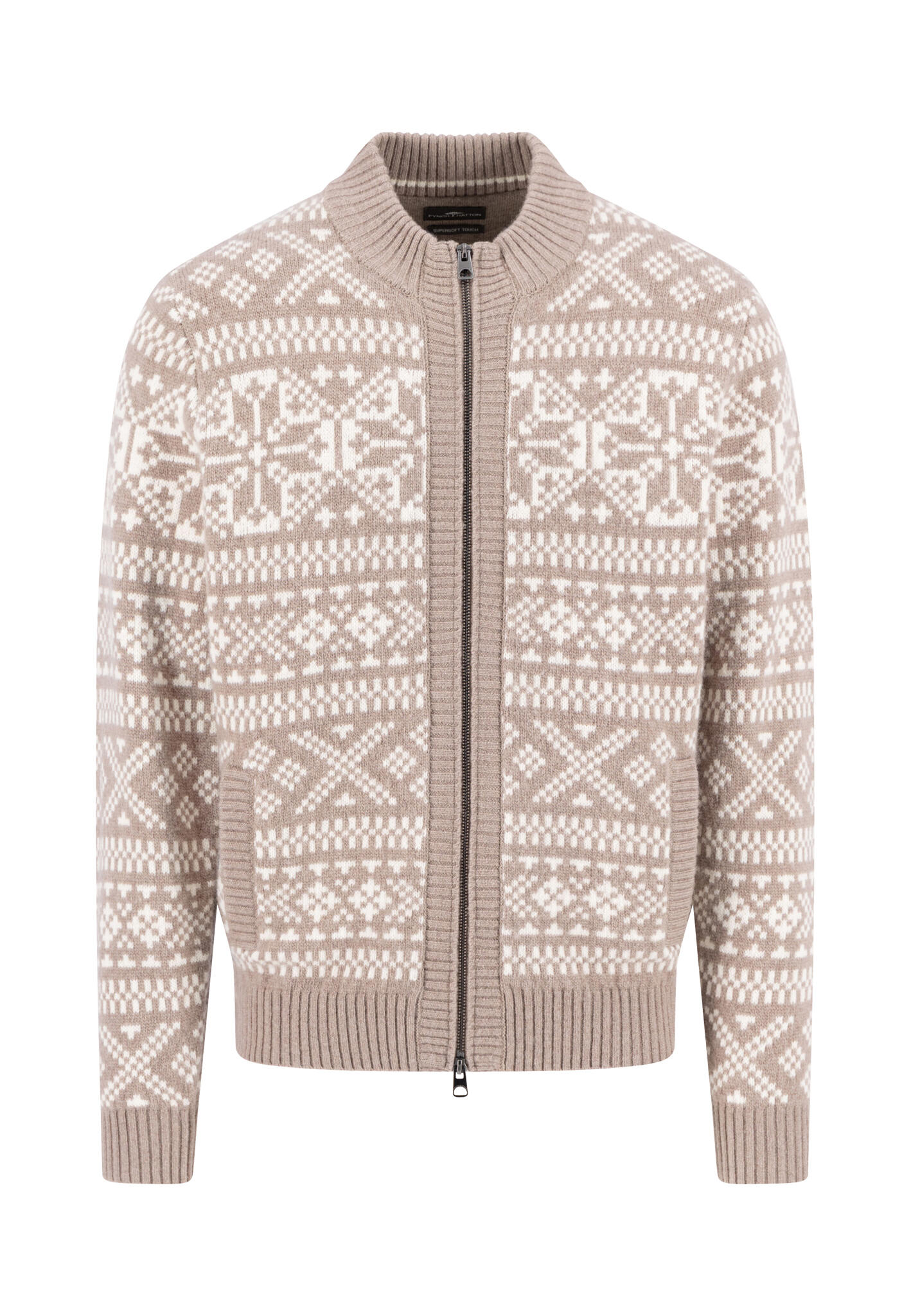 FYNCH-HATTON - Zip Stand-Up Cardigan, Big Jacquard taupe - Gr. - XXL von FYNCH-HATTON