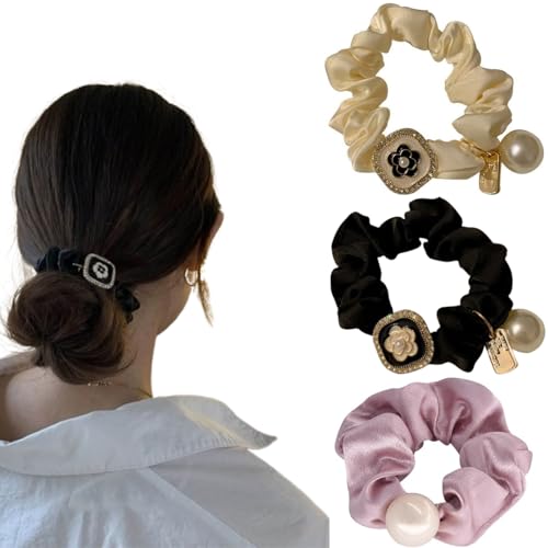 Drei Stück Haargummis mit Perlen FYRuntoo Scrunchies Haargummi Scrunchie für Mädchen and Damen Scrunchies Satin Haargummi Groß (Schwarz,Beige,Rosa-Violett) von FYRuntoo