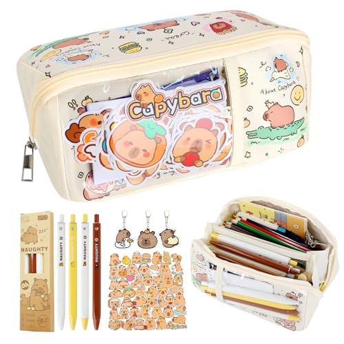 FYSL Capybara Schreibwaren Set mit Riesigem 8-Fach Federmäppchen, 4 Stiften, 50 Stickern, 3 Anhänger, Capybara Geschenkset für Mädchen Jungen von FYSL