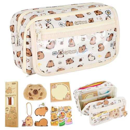 FYSL Capybara Schreibwaren Set mit Riesigem 9-Fach Federmäppchen, 4 Stiften, 20 Stickern, Anhänger, 2 Ansteckern & Notizzettel + Kuscheltier - Capybara Geschenkset von FYSL