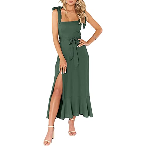 Damen Elegante Brautjungfernkleider Quadratischer Ausschnitt Rüschen Split Midi Formal Kleid für Hochzeit Gast Cocktail Party, grün, X-Large von FYUTUR