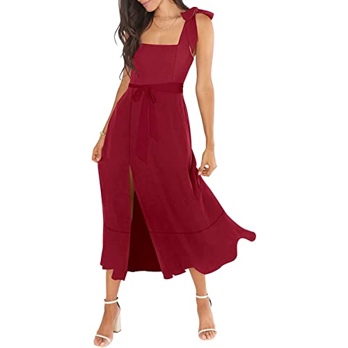 Elegante Brautjungfernkleider für Damen, quadratischer Ausschnitt, Rüschen, geteilt, Midi, formelles Kleid für Hochzeit, Gast, Cocktailparty, rot, X-Large von FYUTUR