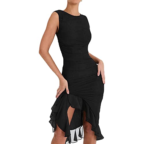 Frauen Sexy Mesh Sheer Bodycon Geraffte Midi Kleid Ärmellos Open Back Rüschen Rüschen Split Party Tüll Kleider (Color : Black, Size : M) von FYUTUR