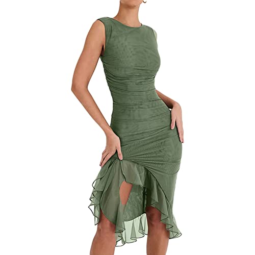 Frauen Sexy Mesh Sheer Bodycon Geraffte Midi Kleid Ärmellos Open Back Rüschen Rüschen Split Party Tüll Kleider (Color : Green, Size : M) von FYUTUR