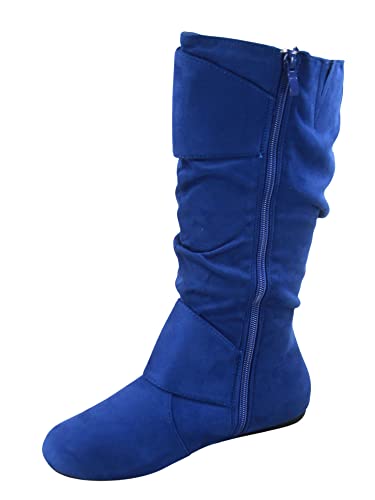 FZ-Fits Damen Geschlossene runde Zehenschnalle Seitliche Reißverschluss Schnalle Slouch Flacher Absatz Mid Calf Boot, Königsblau, 38 EU von FZ-Fits