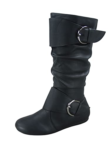 FZ-Fits Damen Geschlossene runde Zehenschnalle Seitliche Reißverschluss Schnalle Slouch Flacher Absatz Mid Calf Boot, Schwarz (Black Pu), 39 EU von FZ-Fits