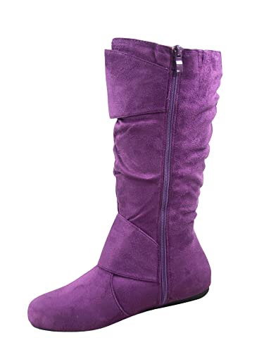 FZ-Fits Damen Geschlossene runde Zehenschnalle Seitliche Reißverschluss Schnalle Slouch Flacher Absatz Mid Calf Boot, Violett, 40 EU von FZ-Fits