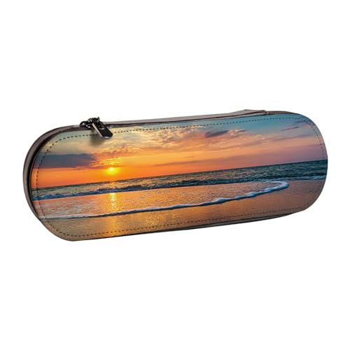 FZGGWYHL Bedrucktes Leder-Federmäppchen mit Strandwellen-Motiv und Sonnenuntergang, tragbare Schreibwaren-Tasche, Aufbewahrungstasche von FZGGWYHL