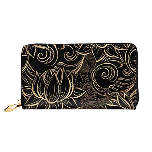 FZGGWYHL Boho Gold Lotus Blumen Bedruckte Leder Geldbörse Portable Travel Organizer Neutral Clutch Bag von FZGGWYHL