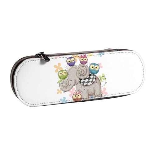 FZGGWYHL Federmäppchen aus Leder mit Cartoon-Elefanten und Eulen, Blumenmuster, tragbare Schreibwaren-Tasche, Aufbewahrungstasche von FZGGWYHL