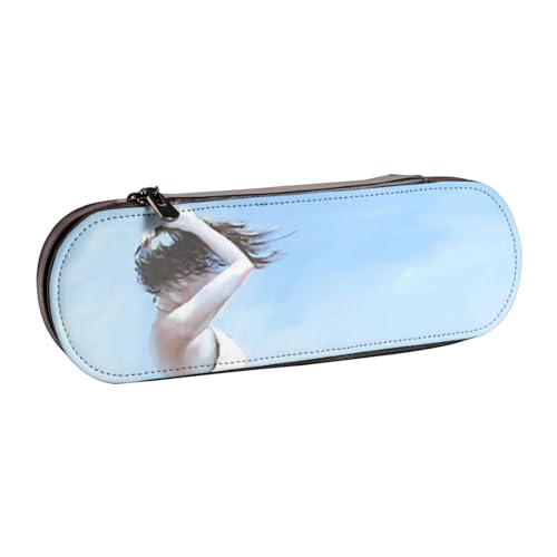 FZGGWYHL Federmäppchen mit Aufschrift "Lady On A Windy Beach", bedrucktes Leder-Federmäppchen, tragbare Schreibwaren-Tasche, Aufbewahrungstasche von FZGGWYHL