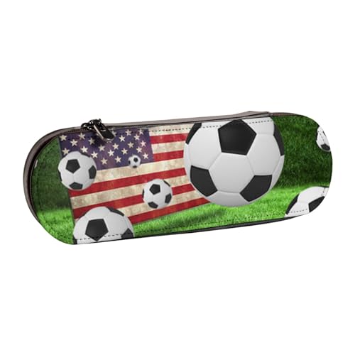 FZGGWYHL Federmäppchen mit Fußball-Flagge und amerikanischer Flagge, aus Leder, tragbare Schreibwaren-Tasche, Aufbewahrungstasche von FZGGWYHL
