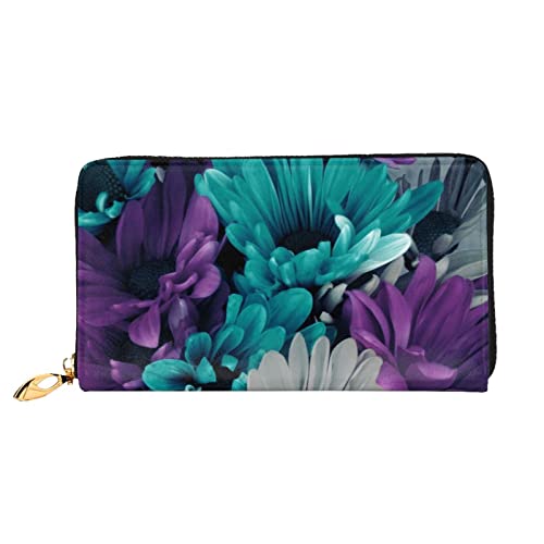 FZGGWYHL Lila und Blaugrün Blumen bedruckte Leder Geldbörse tragbar Reise Organizer Neutral Clutch Bag von FZGGWYHL