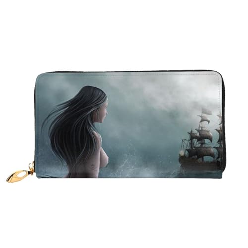 FZGGWYHL Meerjungfrau Dame und Segeln auf Meer Piratenschiff bedruckte Leder Geldbörse tragbar Reise Organizer Neutral Clutch Bag von FZGGWYHL