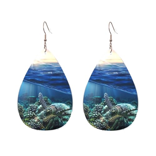 FZGGWYHL Sea Turtle Floating Up and Over Coral Printed Drop Shaped Acrylic Earrings Teardrop Dangle Earring, Einheitsgröße, Acryl, Kein Edelstein von FZGGWYHL