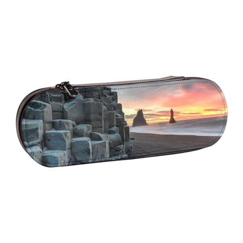 FZGGWYHL Sunrise on Reynisfjara Beach bedrucktes Leder-Federmäppchen, tragbare Schreibwaren-Tasche, Aufbewahrungstasche von FZGGWYHL