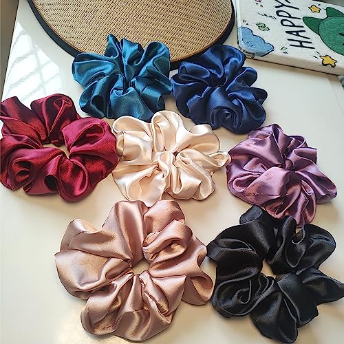 7 Stück Scrunchies FZHGVML Groß Seiden Haargummi Damen Silk Scrunchie, Verlängerung und Erweiterung Haargummis Mädchen Scrunchies Set, Weich Seidig Elastisch Haargummi Seide von FZHGVML