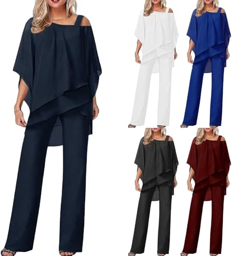 Damen Hosenanzüge Elegant Hochzeit Gäste Hosenanzug 2-teiliges Chiffon Formelles Outfit Übergröße Abschlussball Abend Zweiteiliger Hosenanzug Mutter der Braut Hosenanzug, #01 Navy, XL von FZKun