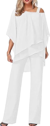 Damen Hosenanzüge Elegant Hochzeit Gäste Hosenanzug 2-teiliges Chiffon Formelles Outfit Übergröße Abschlussball Abend Zweiteiliger Hosenanzug Mutter der Braut Hosenanzug, #02 Weiß, L von FZKun
