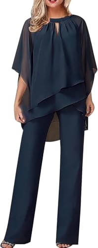 Damen Hosenanzüge Elegant Hochzeit Gäste Hosenanzug 2-teiliges Chiffon Formelles Outfit Übergröße Abschlussball Abend Zweiteiliger Hosenanzug Mutter der Braut Hosenanzug, #03 Navy, XXL von FZKun