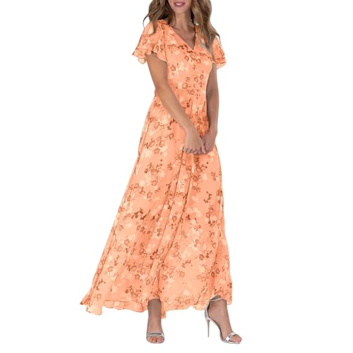 FZKun Damen Chiffon Blumen Maxikleid - Sommer Elegant Boho Lang Fließendes Kleid Volantärmel V-Ausschnitt Urlaub Strand Outfit Hochzeitsgast Verlobung Cocktailparty (M,Orange) von FZKun