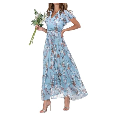 FZKun Damen Chiffon Blumen Maxikleid - Sommer Elegant Boho Lang Fließendes Kleid Volantärmel V-Ausschnitt Urlaub Strand Outfit Hochzeitsgast Verlobung Cocktailparty (XL,Blau) von FZKun
