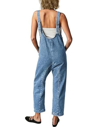 FZKun Damen Denim Latzhose - Lässige V-Ausschnitt Weite Passform Verstellbare Träger Latzhose Cargo Jumpsuits Mit Taschen Gerade Beine Trägerhose (M,Blau) von FZKun