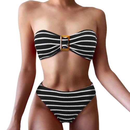 FZKun Damen Gestreift Strukturiert Bandeau Bikini Set Trägerlos Split Badeanzug Push Up Bademode Sommer Beachwear, # 1, 46 von FZKun