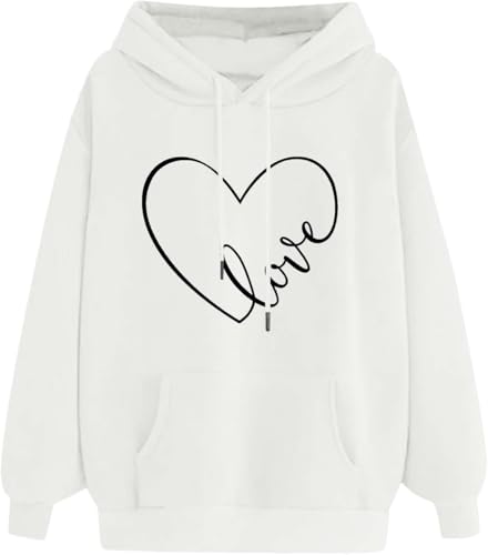 FZKun Damen Hoodies Herbst/Winter Kapuzen-Sweatshirt Langarm Shirts Einfarbig Hoodies mit Kordelzug Damen Basic Casual Tops Bequem Warm Pullover Loose Fit Outwear, F- Weiß, 50 von FZKun