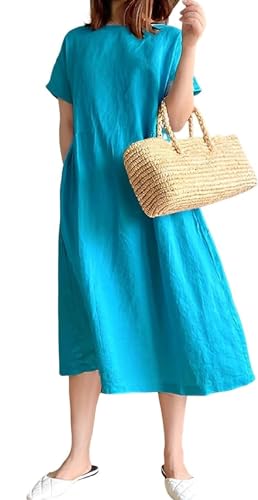FZKun Damen Japanischer Stil Leinen Baumwolle Kleid - Übergröße Einfarbig Rundhalsausschnitt Lange Ärmel Lässiges Sommerkleid Mit Taschen Lockerer Pullover Basic Midi Kleider (4XL,Blau) von FZKun