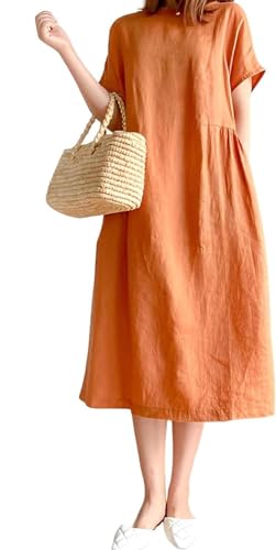 FZKun Damen Japanischer Stil Leinen Baumwolle Kleid - Übergröße Einfarbig Rundhalsausschnitt Lange Ärmel Lässiges Sommerkleid Mit Taschen Lockerer Pullover Basic Midi Kleider (4XL,Orange) von FZKun