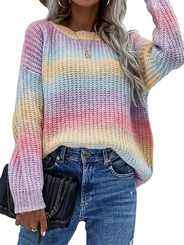 FZKun Damen Regenbogen-Strickpullover Y2k Strickpullover Damenpullover Pullover Farbblock-Pullover Strickoberteil Ccoop-Ausschnitt Langarmpullover Frauen Strickwaren, regenbogenfarben, 38 von FZKun