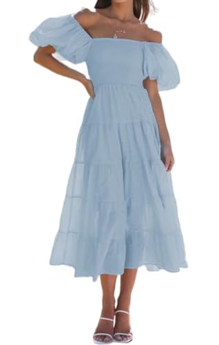 FZKun Damen Smocked Midi Kleid - Blumendruck Puff Ärmel A-Linie Hoher Taille Boho Lange Swing Kleider Elegantes Quadratisches Ausschnitt Rüschen Strandkleid (S,Blau) von FZKun