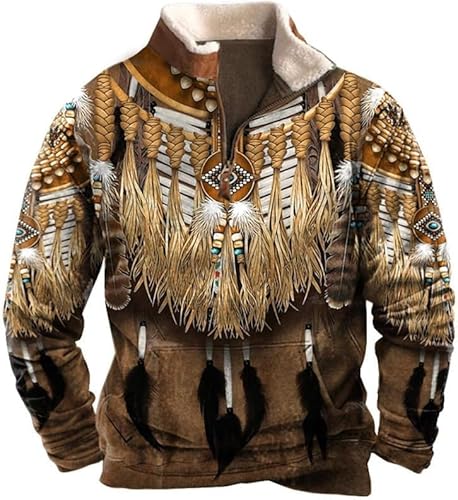 FZKun Herren Indianer-Sweatshirts Retro Indianer Wolf 3D gedruckt ethnisches Totem 1/4 Reißverschluss Jacke Langarm Pullover Sweatshirts, # 1, L von FZKun