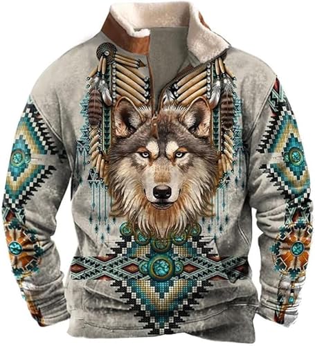 FZKun Herren Indianer-Sweatshirts Retro Indianer Wolf 3D gedruckt ethnisches Totem 1/4 Reißverschluss Jacke Langarm Pullover Sweatshirts, # 2, L von FZKun