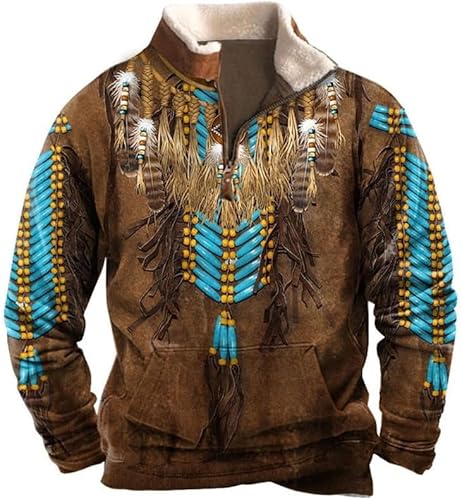 FZKun Herren Indianer-Sweatshirts Retro Indianer Wolf 3D gedruckt ethnisches Totem 1/4 Reißverschluss Jacke Langarm Pullover Sweatshirts, # 3, S von FZKun