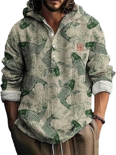FZKun Herren Langarm Leinenhemden Casual Halb Cardigan Kapuze Knöpfe Knopfleiste Shirts Tiere 3D Gedruckt Herbst Revers Blusen Regular Fit Urlaub Pullover Shirts, # 4, L von FZKun