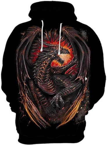 FZKun Herren Retro Hoodie Black Dragon Printed Sweatshirt Unisex Langarm Pullover mit Tasche, Schwarz , M von FZKun